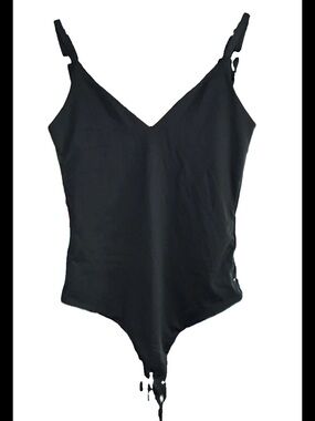 Reoria Black Women's V-Neck Thong Bodysuit
